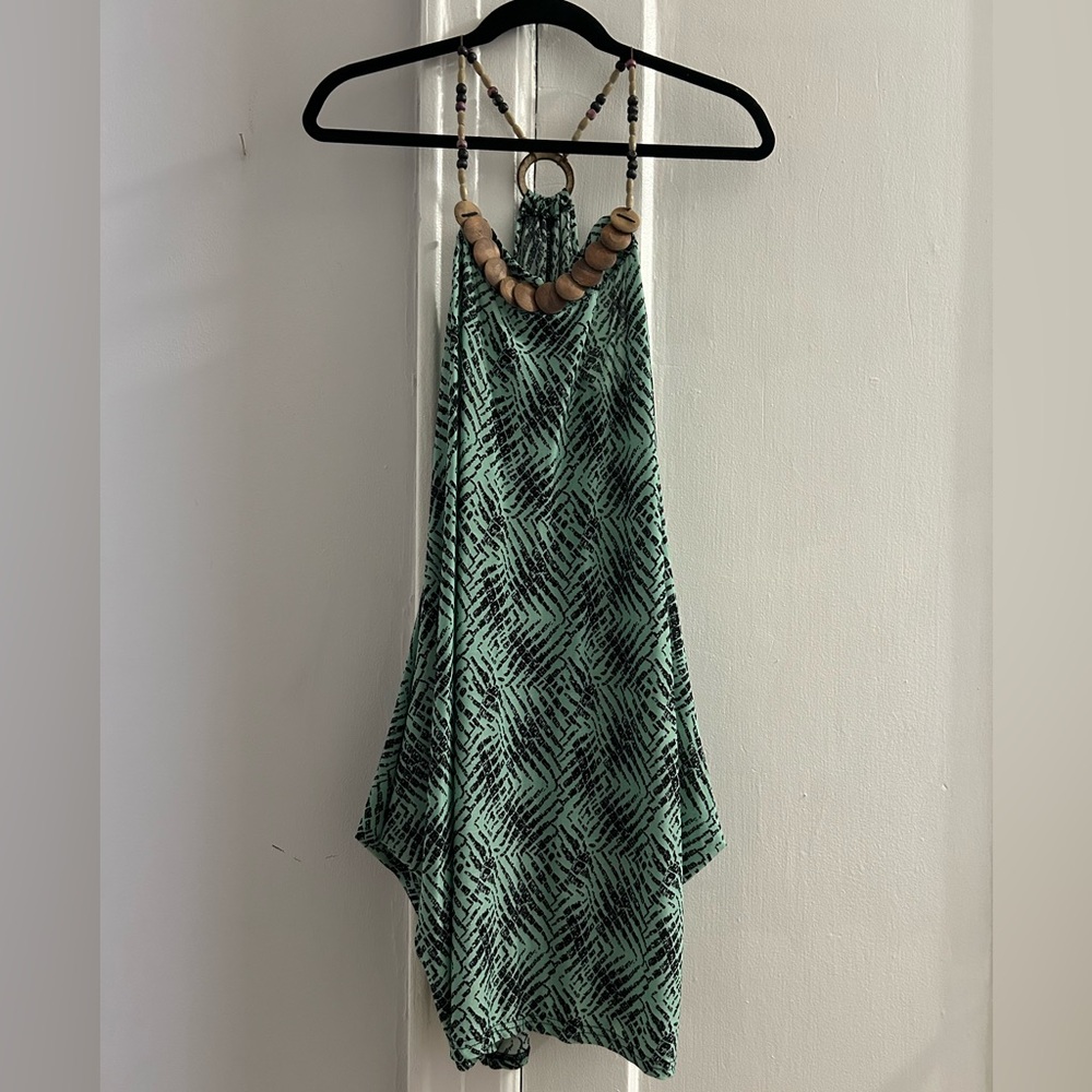 Mint Green Patterned Halter Dress with Wood Bead Accent
